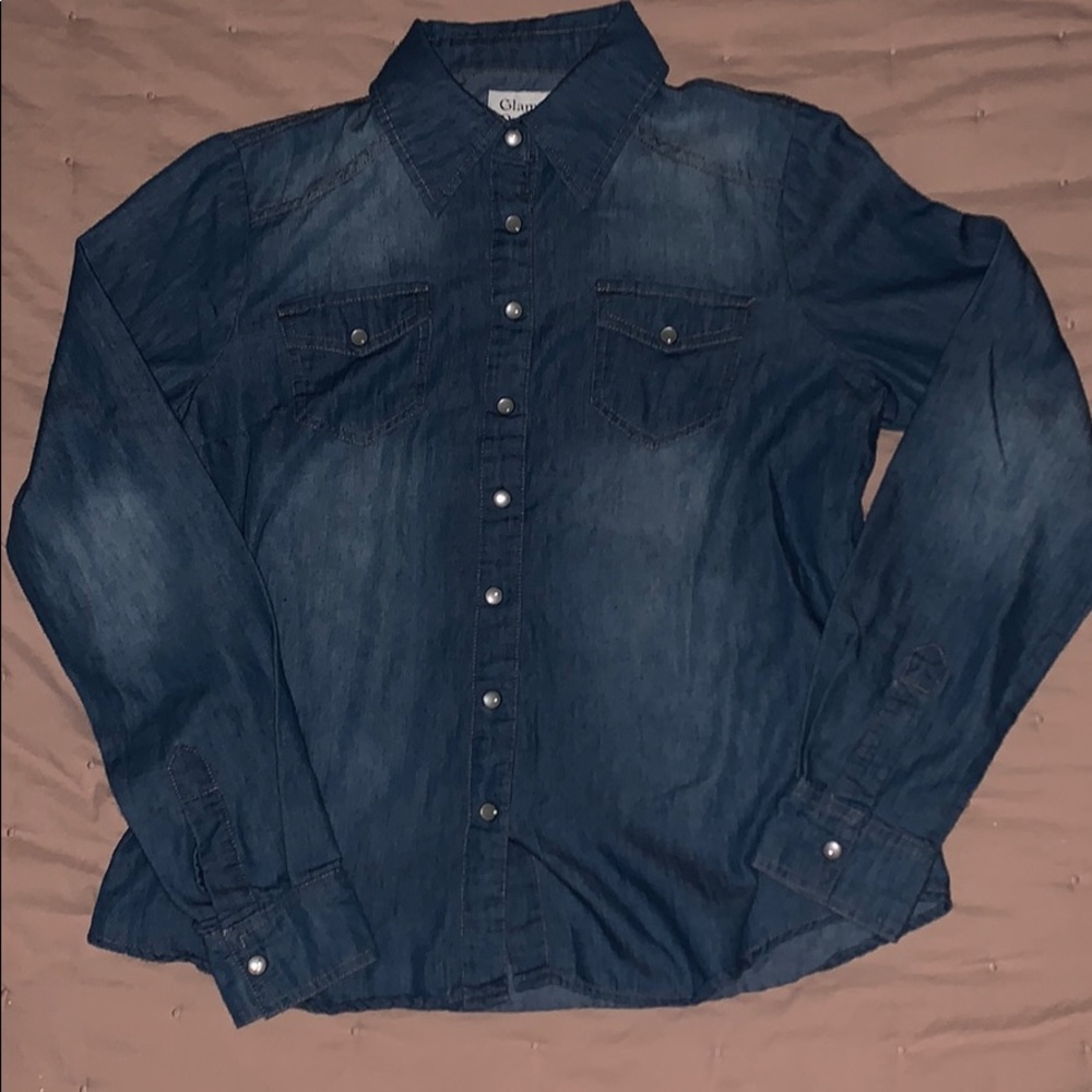 Denim button down shirt.